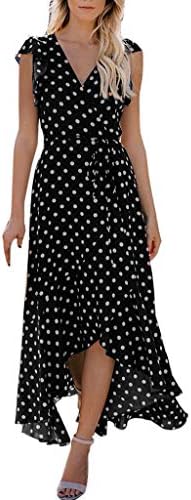 dumanfs Womens Dots Boho Warp Long Dress, Lady Short Sleeve Ruffle Hem Bandage Summer Beach Sundress Maxi Dress