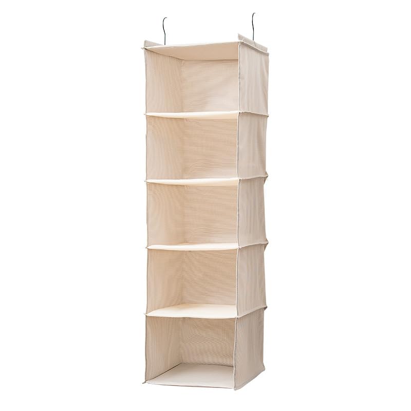 BOMEI PACK Beige Hanging Wardrobe Closet Organizer Shelves with 5 foldable Storage compartments,easy hang up with Curved Metal Hooks for storage sorting organise 1 pack