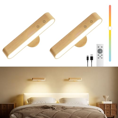Lampara de Pared Recargable Inalambrica, Juego de 2 Apliques de Pared LED con Control Remoto, Luz RGB 15 Colores, 3 CCT Regulable, Rotación Magnética 360°, Lamparas de Pared Interior de Madera