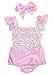 Baby Girls Lace Floral Romper Jumpsuit Bodysuit Headband Outfits Set (12-18 Months, Pink)