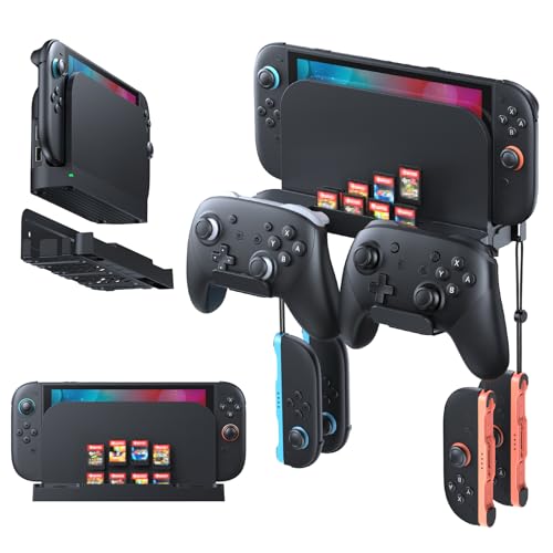 [Switch 2/1/OLED Universal] Metal Wall Mount for Nintendo Switch 2 2025 (Mounts Switch 2 Behind TV) – Switch 2/Switch/OLED Organizer Shelf Stand with 10 Game Card Slots with Joycon Hanger Brackets *4