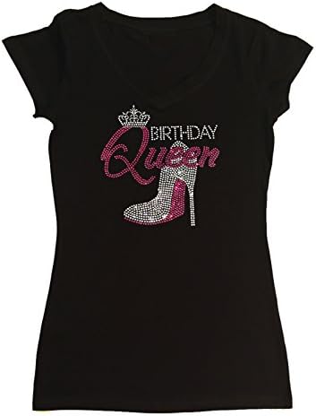 Women's T-Shirt with Pink Birthday Queen with Heel in Rhinestones