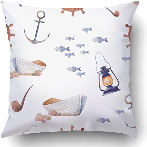 Soksar Throw Pillow Cover Watercolor Nautical Pattern Drawn Carto With Sea Old Boat Anchor Home Sofa Decor Square 18x18 Inch Zipper Cushion Decorative Print Pillowcase Design Two Side