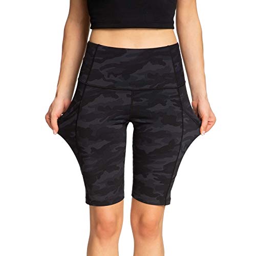 Running Shorts for Women High Waist Pants Yoga Leggings Biker Workout Shorts with 3 Pockets Regular Plus Size (Camo Black Ash M)