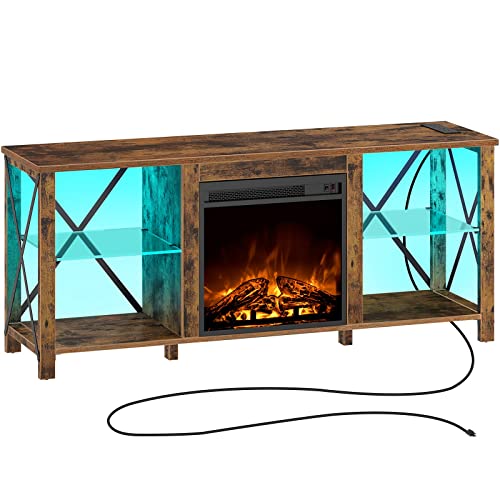 Rolanstar Fireplace TV Stand 55" with Led Lights and Power Outlets, Entertainment Center with