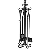 5 Pieces Scroll Fireplace Tools Set Black Cast Iron Fire Place Toolset with Log Holder Fireset Fire Pit Stand Rustic Tongs Shovel Antique Broom Chimney Poker Wood Stove Hearth Accessories Set