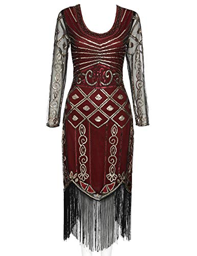 Women's Long Sleeve Flapper Dress 1920s Great Gatsby Sequin Inspired Cocktail Dresses (Burgundy Long Sleeve, L)