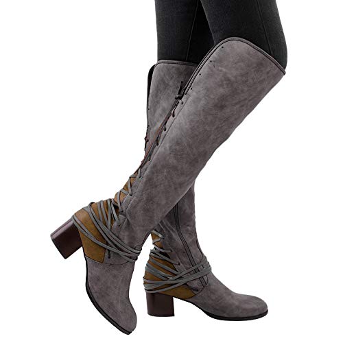 VANDIMI Wide Calf Knee High Boots for Women Winter Fashion Low Block Heel Shoes Over The Knee Booties Zipper Side