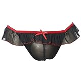 FEESHOW Men's Lace Trim Soft Mesh Sissy Pouch Crossdress Underwear Black + Red