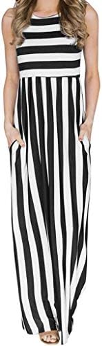 Dianli Women's Round Neck Stripe Pocket Maxi Dress Casual Long Ladies Sleeveless Black White Striped Beach Sundress Streetwear Dress