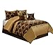 BEDnLINENS 7 Piece Comforter Set Queen- Chocolate and Gold Faux Silk Fabric Embroideried- Claremont Bed in A Bag Queen Size- Smooth and Good Gloss-1 Comforter,2 Shams,3 Decorative Pillows,1 Bedskirt