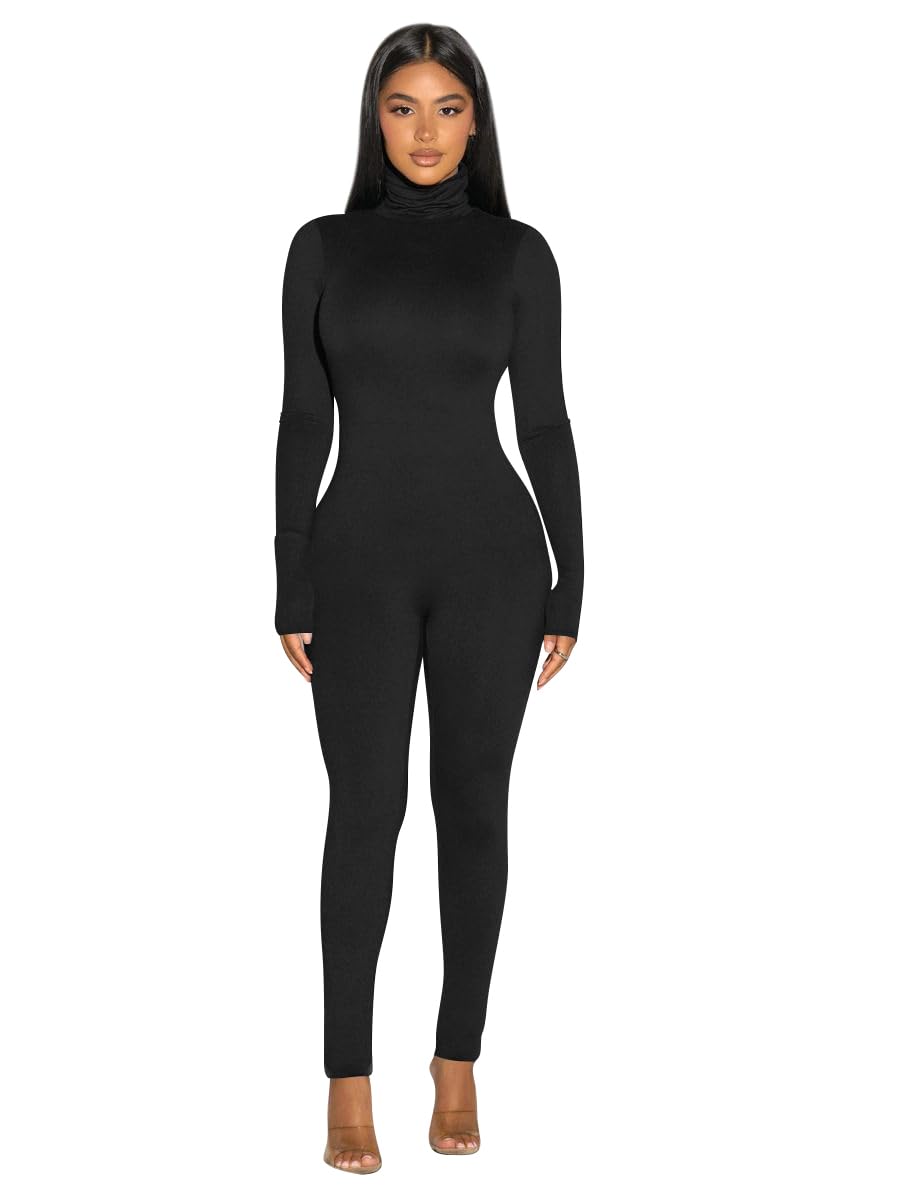 Photo 1 of BORIFLORS Long Sleeve Jumpsuit for Women Sexy Turtleneck One Piece Bodycon Rompers Clubwear, Medium, Black