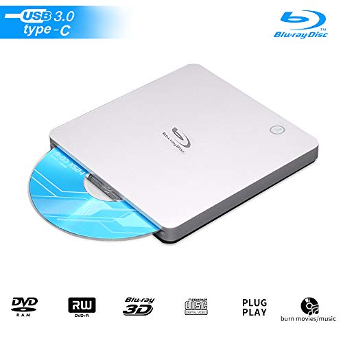External USB Blu Ray Drive, USB3.0 and Type-c 3D Bluray BD CD DVD Drive Burner Slim Slot-in Optical Player RW for Laptop Desktop MacBook OS Linux Windows XP 7 8 10 PC iMac Laptop