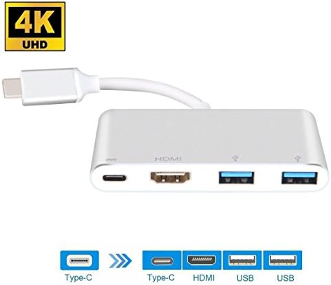 HuDieM USB-C to HDMI Adapter, USB 3.1 Type C to HDMI 4K Multiport AV Converter with 2 USB 3.0 Port and USB C Charging Port for Chromebook Pixel/ Macbook/ Dell XPS13/ Samsung Galaxy s8/s8 Plus (Silver)