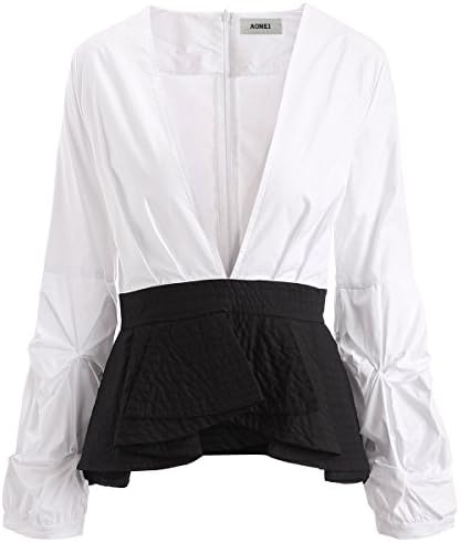 AOMEI Deep V Neck Sexy Long Puff Sleeve Top Blouses for Women Peplum Shirts