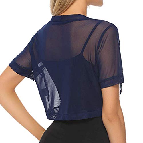 Summer Womens Tops Semi Sheer Short Sleeve Corp T-Shirt Chiffon Solid Basic Shrug Open Front Bolero Cardigan Tops Navy - Thumbnail 3