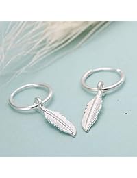 Sllaiss Pendientes de plata de ley con forma de hoja de árbol, pendientes de aro con plumas 925 para mujeres y niñas sensibles