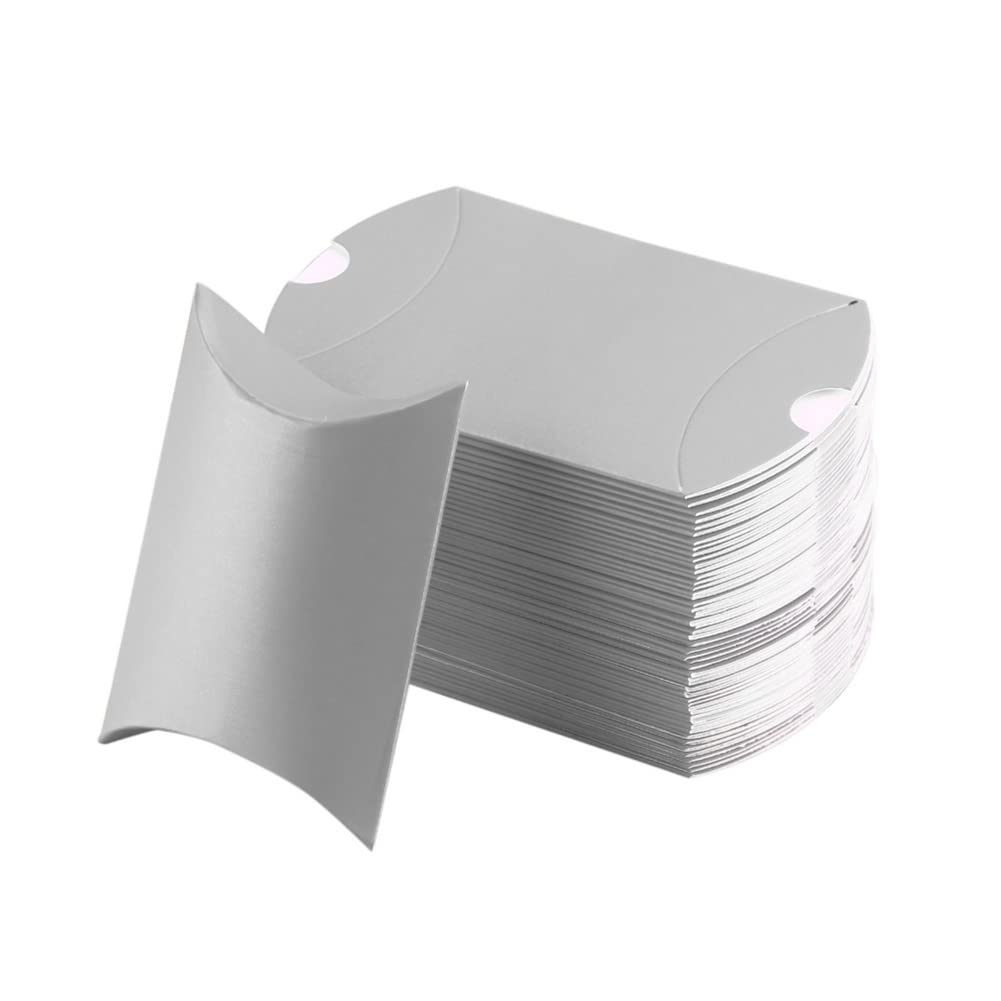 JIHUOO 100 Pcs Wedding Creative Pillow Box Candy Gift Box Wedding Favor Box Folding Candy Box for Wedding Silver