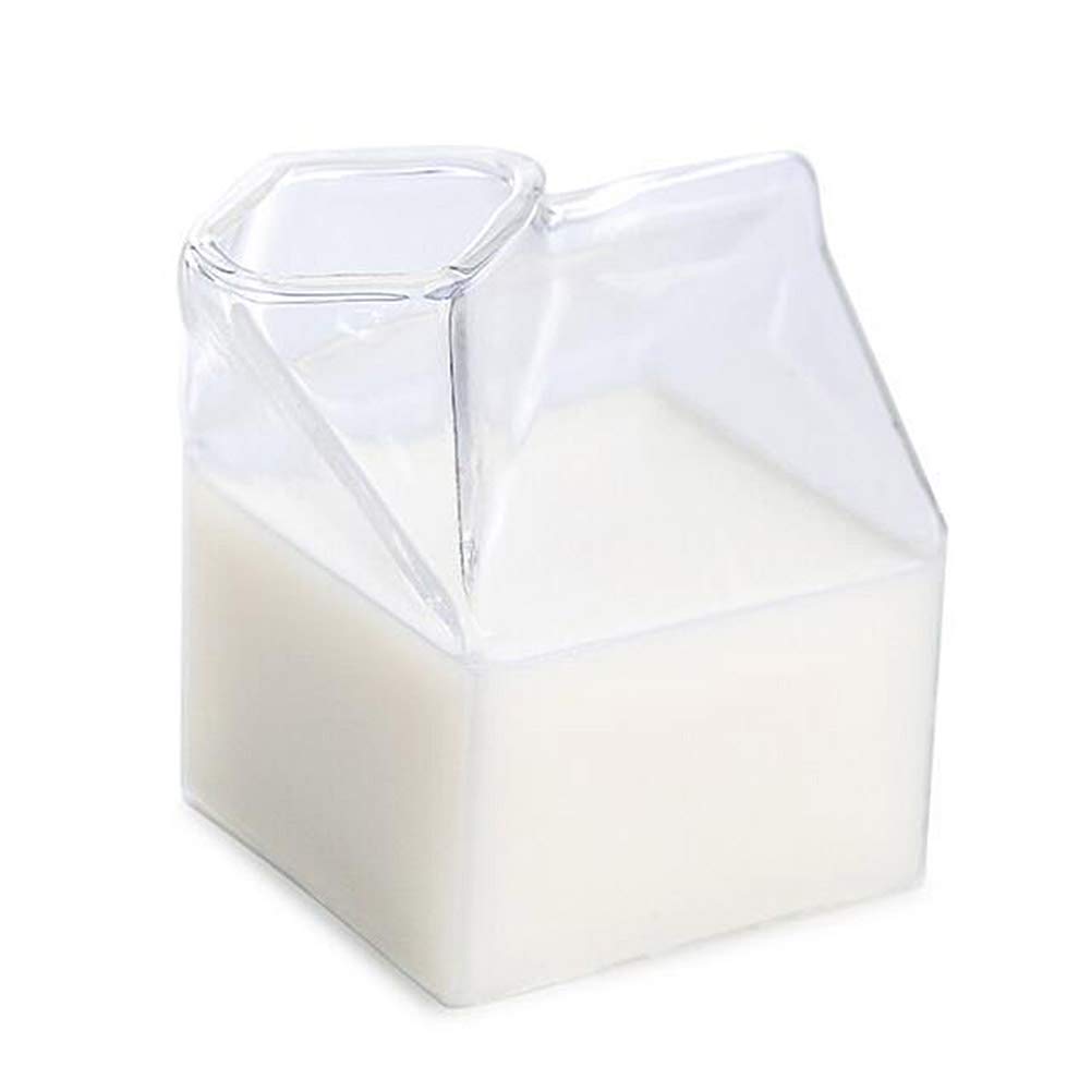 Leikance Milk Glass Cup,Milk Box Shaped Cup Glass Milk Carton Container Transparent Irregular Cup 250ml