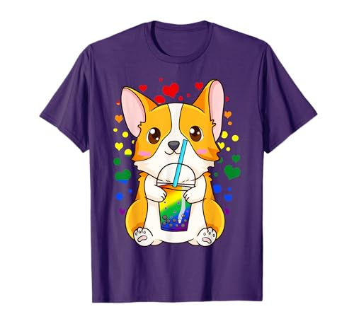 Boba Tea Bubble Tea Cute Kawaii Corgi Rainbow Pride T-Shirt