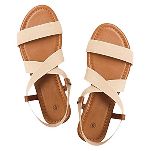 Women's Elatica Elastic Ankle Strap Flat Sandals Low Heel Beach Shoes Cross Strap Sandals Peep-Toe Sandals Beige - Thumbnail 2