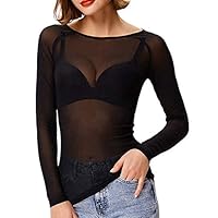 SuperUS Women Top See-Through Solid Color Long Sleeve Seamless Arm Shaper Tank Top Mesh Shirt Blouse Black