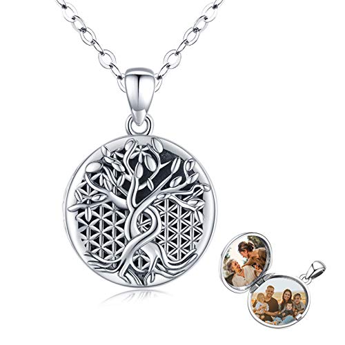 Eusense Locket Necklace for Pictures, 925 Sterling Silver Tree of Life Photo Pendant, Flower of Life Locket Jewellery for Women