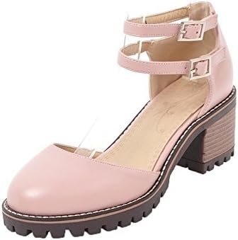WeiPoot Women's Pu Kitten-Heels Closed-Toe Solid Buckle Sandals, EGHLH006641, Pink, 42