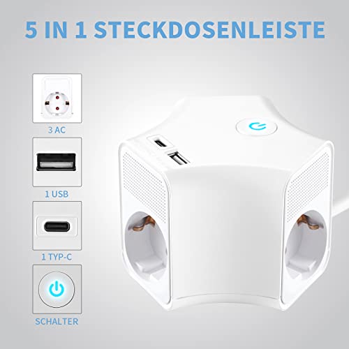 RealMade Steckdosenleiste mit USB, 3-Fach Mehrfachsteckdose mit 1 USB und 1 TYP-C Anschluss (5V/2.4A), 1,5M Kabel Steckerleiste mit Schalter, Steckdosen Kindersicherung, Wandmontage für Reisen, Weiß