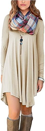 WUKAI Women Long Sleeve Casual Loose T-Shirt Dress BeigeXL Simple
