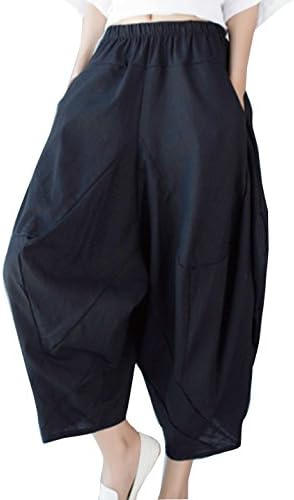 Women Baggy Loose Elastic Waist Pants Cotton Linen Wide Leg Harem Hippie Casual Trousers with Pocket, One Size, Deep Blue