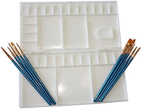 Large Folding watercolor palette with 33 mixing wells, Palette folds in half to for enclosed Palette, and 10 piece Nylon Paint Brush set for Watercolor, Acrylic, and Oil painting art set use.