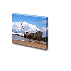 Canvas Prints Wall Art - Ship Wreck with Clouds and Beach | Modern Wall Decor/Home Decoration Stretched Gallery Canvas Wrap Giclee Print & Ready to Hang - 12" x 18"
