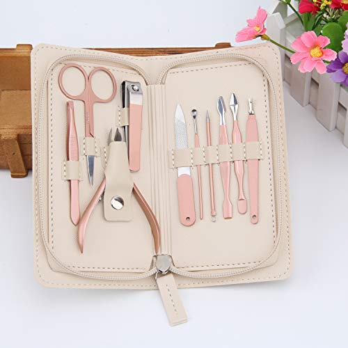 Manicure Pedicure Set Nail Clippers Travel Hygiene Kit Stainless Steel Nail Cutter Care Set Scissor Tweezer Knife Ear Pick Utility Tools Grooming Kits with Leather Case 10 in 1 (Beige White)