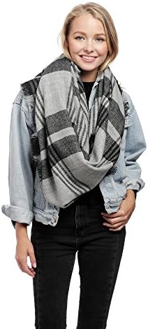 Shabon Fashion Women's Plaid Stripe Check Pattern Design Oblong Winter Scarf (7201-Grey/Black)