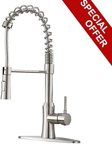 Modern Commercial Leadfree Three Water Modes Pull Down Pull Out Sprayer Head Single Lever Handle Spring Stainless Steel Brushed Nickel Kitchen Faucet, Kitchen Sink Faucet With Deck Plate …