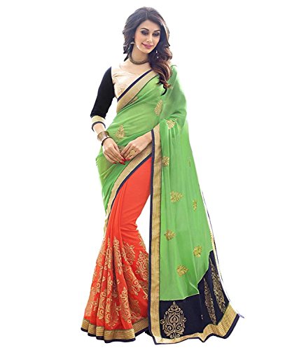 Bollywood Designer Heena Orange & Green Pure Chiffon Saree For Women's In Very Low Price (BD_Heena _Orange_Saree & Sari)