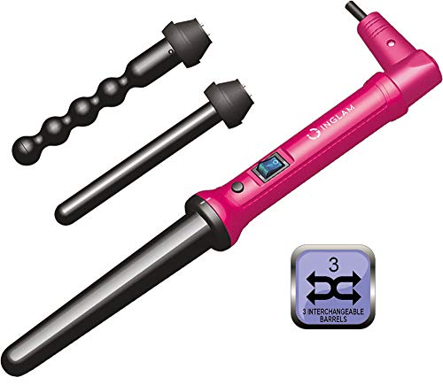 3 in 1 Curl Barrel Curling Kit | Diamond Ceramic Interchangeable Curling Iron | Beachy Waves Wand | Incl Pouch, Heat Resistant Glove | Dual Voltage 120V & 220V – by InGlam Hair Tools (Hot Pink)