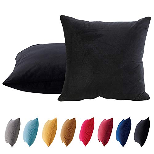 Sleep Mantra Velvet Black Throw Pillow Cases - Plush Comfortable 2 Piece Set of 18 x 18 Inch Smooth Decorative Cushion Cover, Soft Fade Resistant Washable Pillow Covers