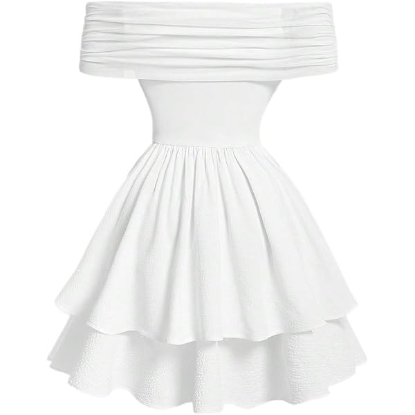 open lace back dress Womens Long Sleeve Trendy Lace Bustier Style Ruffled Hem Pleated Dress  Summer Outfits Short Dresses White at Amazon Women's Clothing store main image 0