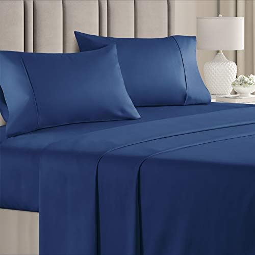 100 Cotton Cal King Sheets Navy Blue (4pc) Silky Smooth, Cooling 400