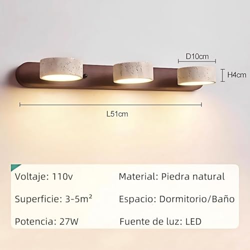 Lámpara de pared LED estilo asombro japonés Wabi-Sabi con pantalla de piedra natural,Aplique vintage giratorio,Lampara de pared espejo de baño,iluminación para cocina,comedor,tocador (A, 3 cabezas)