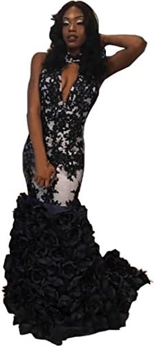 DingDingMail Sexy Appliques 3D Rose Flowers Mermaid Prom Dresses 2018 Halter Keyhole Neckline Backless Evening Gowns