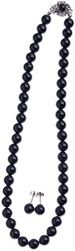 Made in Japan Black Onyx Necklace, Earrings or Piercing, Set of 2, 0.3 inch (8 mm) Round Beads, Natural Stones, For Ceremonies, Black Formals, Funerals, Night Out, Confirmation Ceremonies, Law