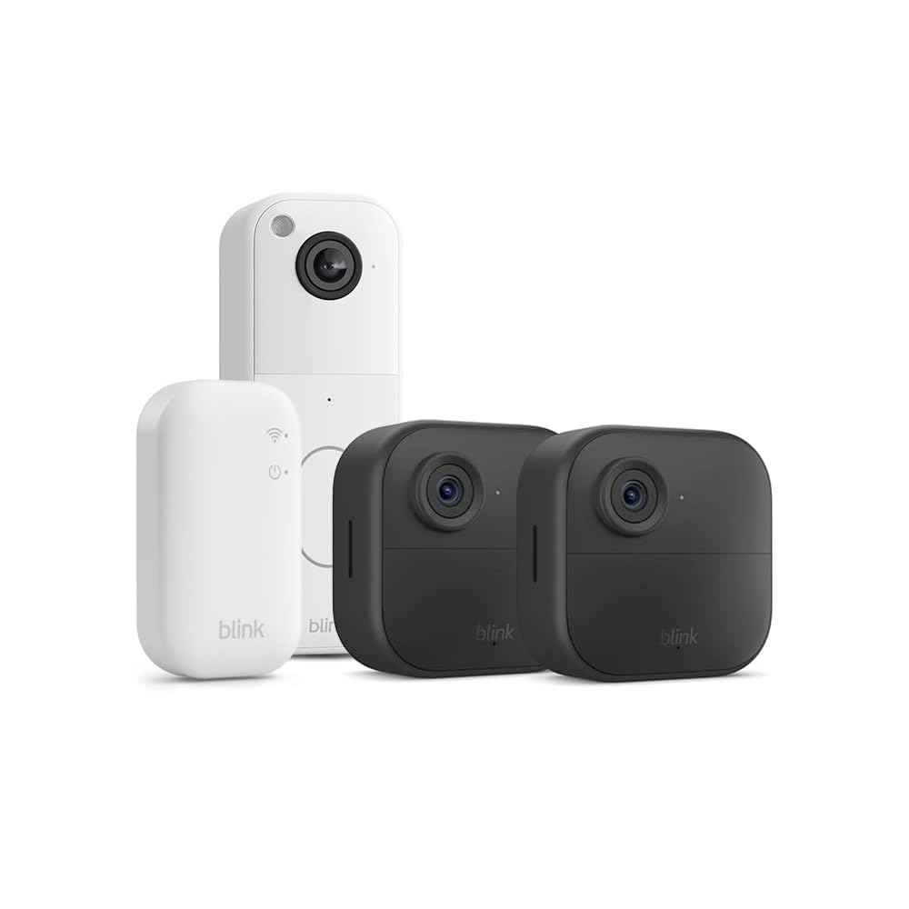 Blink-Kamera Outdoor 4 + 0€ Blink Videotürklingel (Weiß)| Kabellose intelligente HD-Sicherheitskamera, zwei Jahre Batterielaufzeit | 2-Kamera-System mit enthaltenem Sync Module Core | IP65