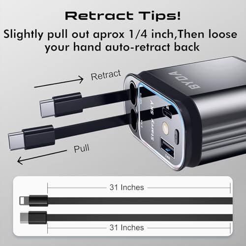 4 in 1 Retractable Car Charger for iPhone,69W USB-C Fast Car Charger with Starry Light, for Car Charger Adapter iPhone16/15/14/13/12,Android,Pixel,Cigarette Lighter Adapter(ForLightning+USB-C)