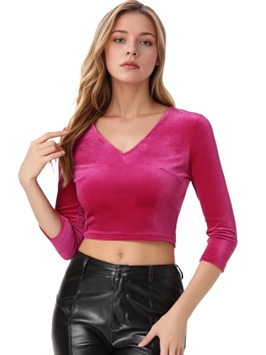 Allegra K Damen Samtbluse V-Ausschnitt Langarm Saree Crop Top, hot pink, L