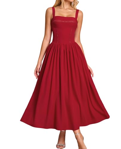 XinFSh Women's Summer Flowy A Line Corset Wedding Guest Midi Dress Red at Amazon