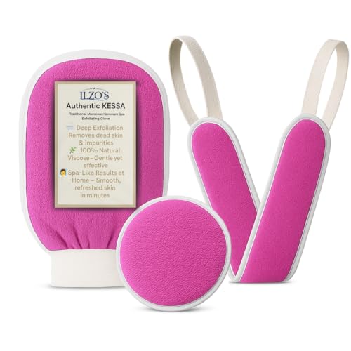 Original Moroccan Kessa Exfoliating Glove Set (ILZO’S) – 3-Piece Hammam Mitts for Face, Body & Back – Deep Skin Cleansing & Dead Skin Removal – Reusable Natural Exfoliator– Assorted Color Pack (PINK)