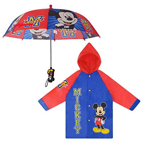 Disney boys Umbrella and Poncho Raincoat Set, Mickey Mouse Kids Rain Wear for Toddler 2-3 Or Kids 4-7